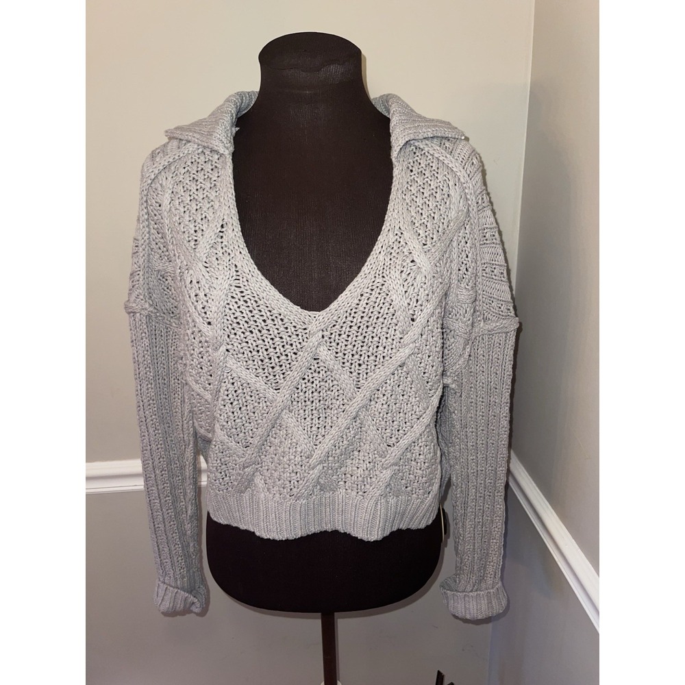 Free People Grey Traveler Cable Knit‎ Pullover Cropped Sweater Womens Sz M